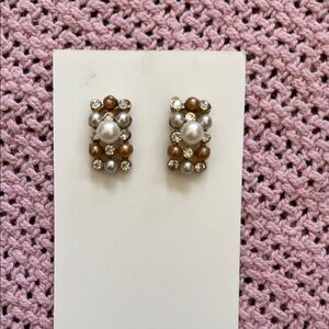 Elegant Pearl,Rhinestone, and Brown Beaded Stud Earrings